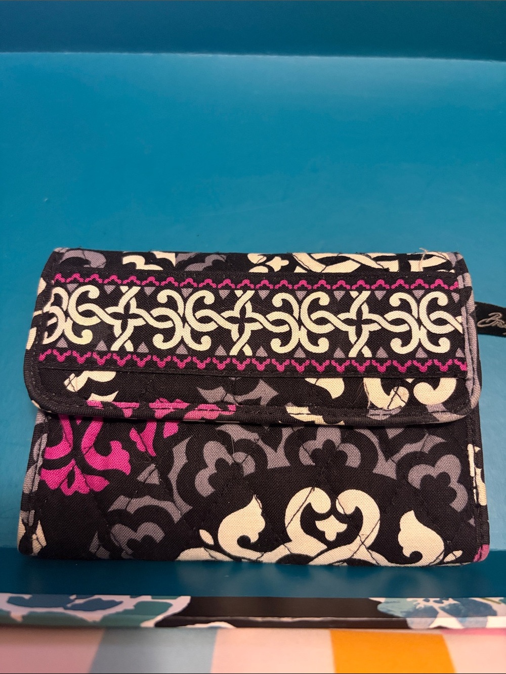 Vera Bradley Fold-Over Wallet Clutch in Black, Cream & Magenta